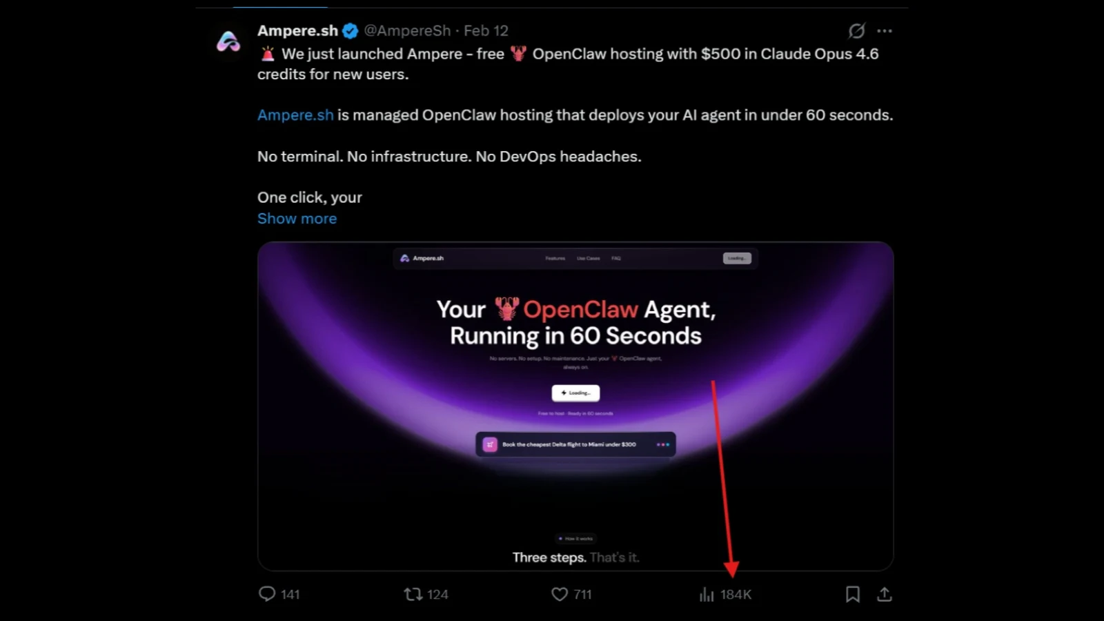 Ampere.sh's launch post on X, showing 184K impressions, 711 likes, 124 reposts and 141 replies.