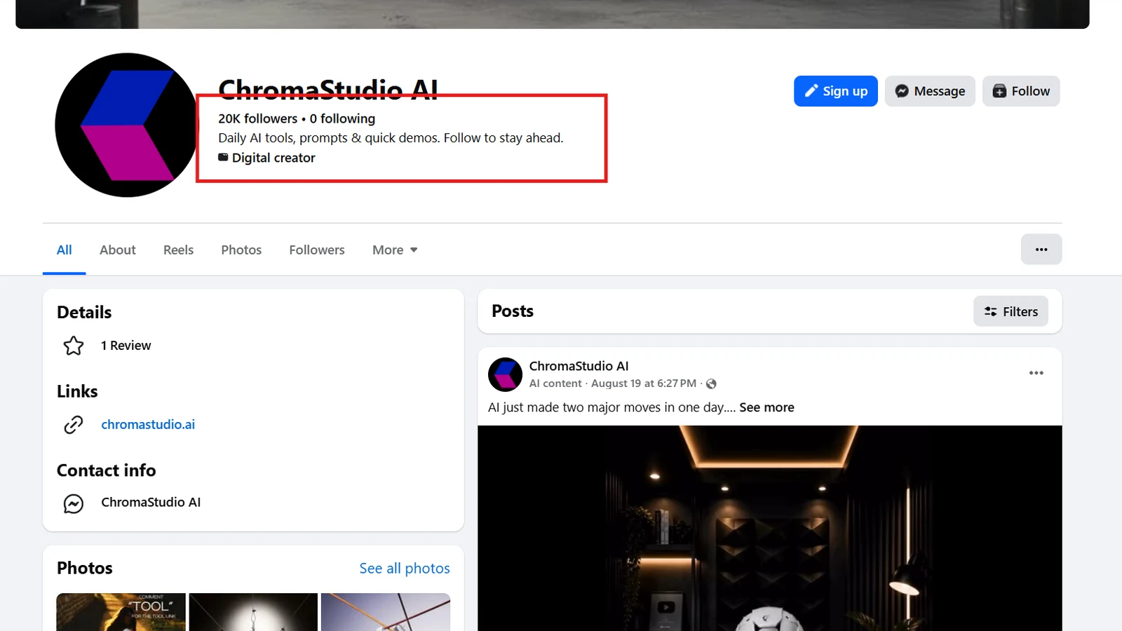The ChromaStudio AI page on Facebook, showing 20K followers and the bio 'Daily AI tools, prompts & quick demos'.