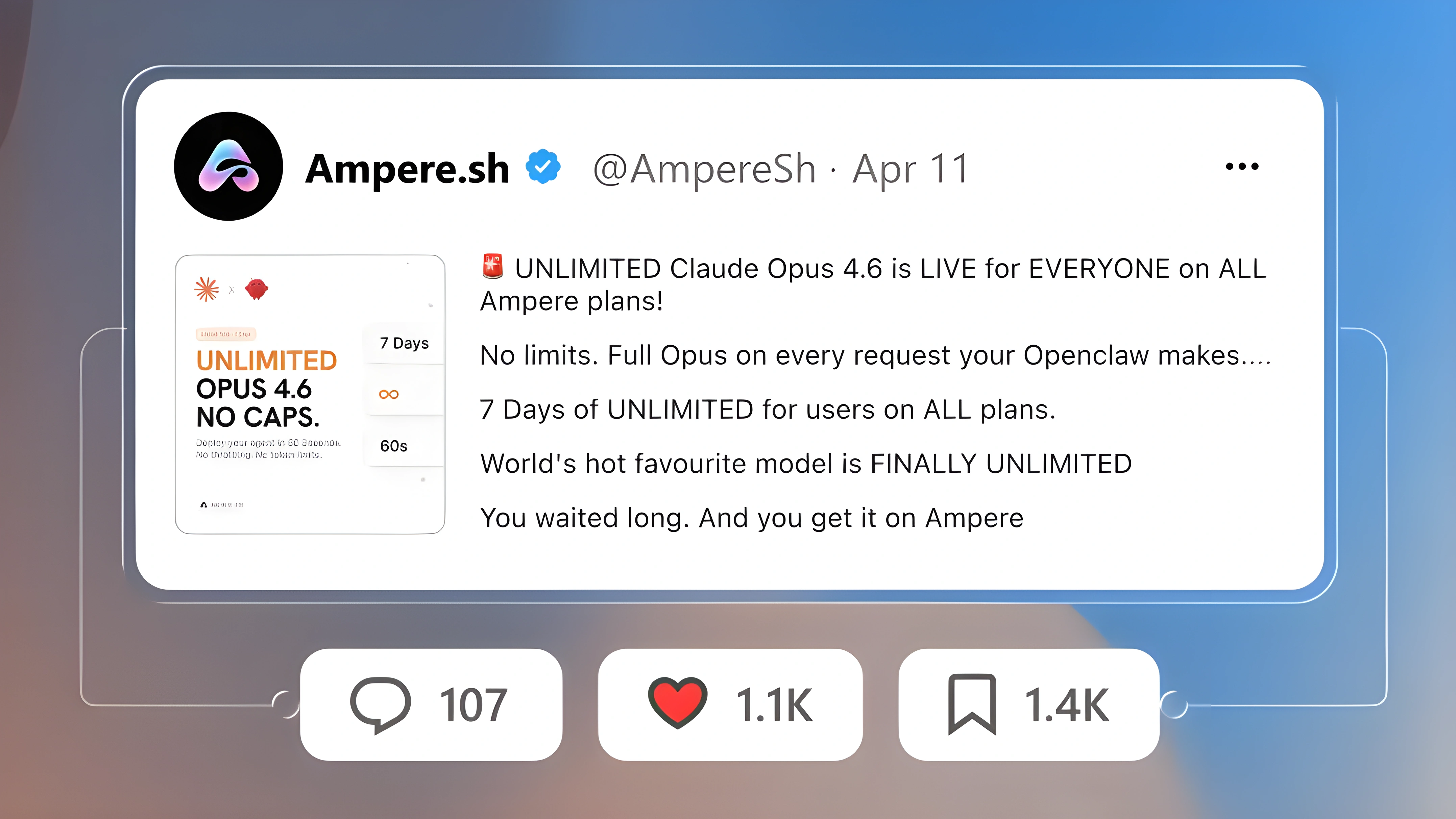 Post analytics for an Ampere.sh post on X: 465.6K impressions, 19,968 engagements, 9,408 detail expands and 3,082 profile visits.