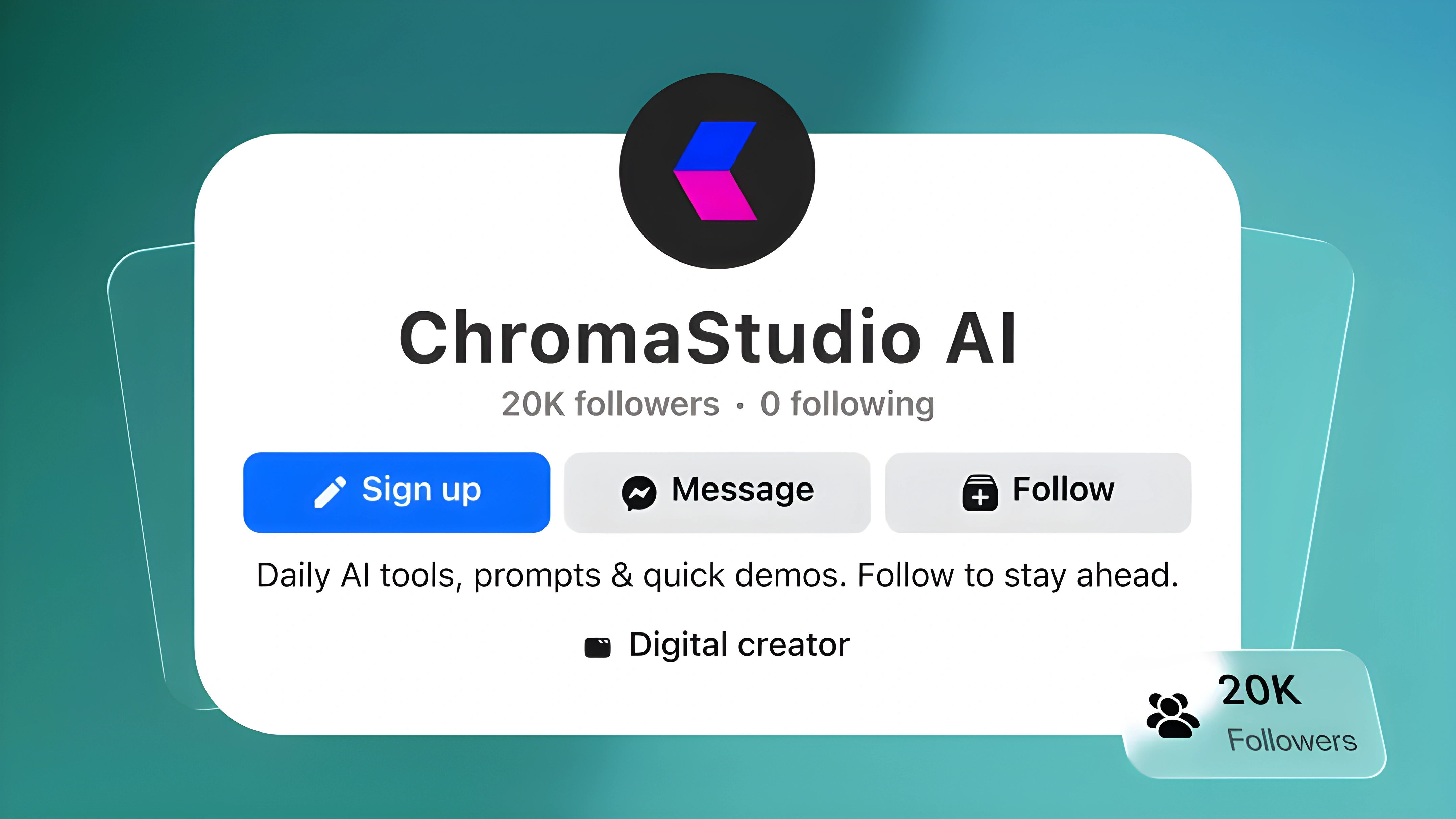 ChromaStudio AI's Facebook page, with its 20K followers called out.