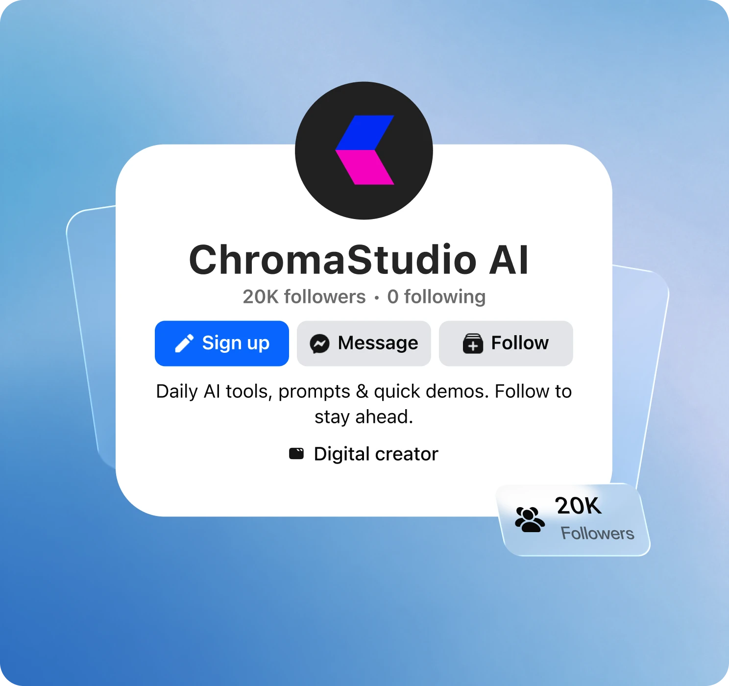 ChromaStudio AI's Facebook page, with its 20K followers called out.